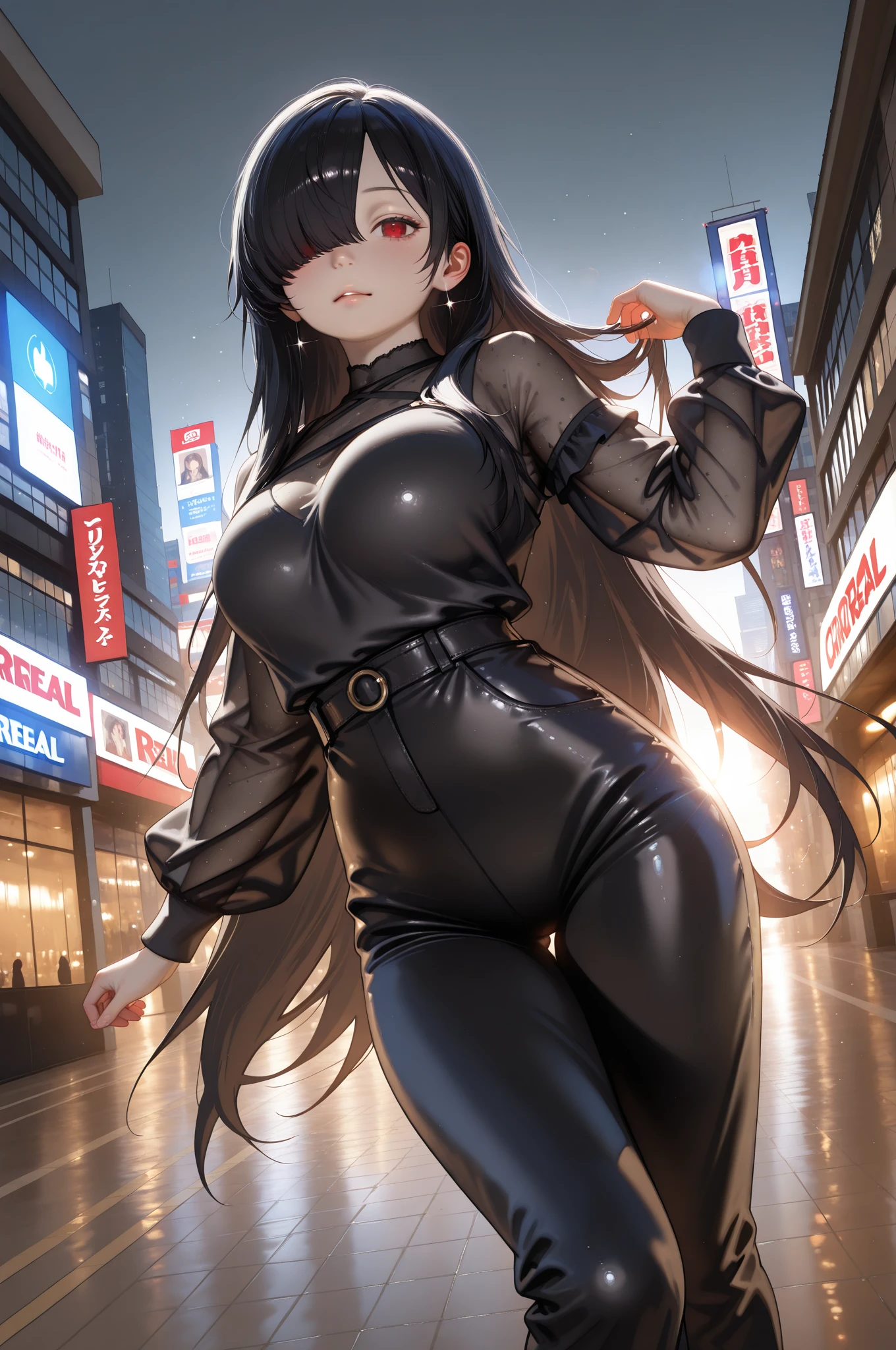 beautiful, alone, 1 chubby woman, long hair in a ponytail, black hair, blue highlights at the ends of the hair, silver eyes (detailed eyes), determined look, embarrassed expression, red lips (perfect lips), wide hips, black leather jumpsuit, peassed skirt, long fur cape, futuristic, cyberpunk, cinematic angle, cinematic lighting, artwork, best quality, nsfw, crotch rubbing