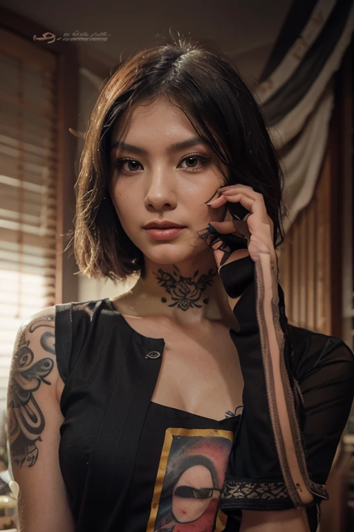 ((best quality)), ((masterpiece)), (detailed), mesmerizing and alluring female mechanic covered in grease,Confident smile,Look into the camera,(Dirty and rugged charm:1.2), (tough and confident demeanor:1.1), (mechanical expertise:1.3), disheveled hair, smudged face with a playful smirk, stained overalls clinging to her curves, (gritty tools of the trade:1.2), cluttered repair shop, scattered car parts, (authentic automotive ambiance:1.2), (intense gaze:1.1), gripping a wrench in her dirty hands, 8k resolution,looking at another, looking away,( tattoo:1.2), masterpiece, best quality,Photorealistic, ultra-high resolution, photographic light