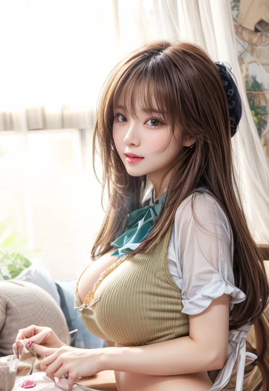 Product quality, One girl per photo, Cowboy Shot, Front view, Cute young Japanese women, Long Bob Hair, Very smiling, ((Swiss national costume)), Super cute face, Glossy Lips, Double eyelids on both eyes, Natural Makeup, shiny smooth light brown hair of Long Bob Hair, asymmetrical bangs, High resolution, Attention to detail, Detailed hairstyle, Detailed face, Cinema Lighting, Octane Rendering, Ultra-realistic, Perfect limbs, Perfect Anatomy, Black choker, Blue Eyes, Very long eyelashes, bangs, Fantasy, ((Slim body, Slim face, Cleavage)), A good attitude, Elegant, Well-bred, Big Breasts, Picking wild vegetables
