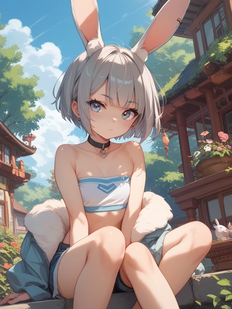 (Masterpiece), (Top Quality Anime Illustration), (Ultra High Definition CG), One Girl, Solo, Beautiful Girl with Silver Hair, Anime Loli, Cat Ear Loli, Petite, Thigh Emphasis, Light Blue and Gold and Silver Cheongsam, Horizontal Breasts, Side, Panties, Smile, Buttocks, Buttocks Up, Back Cutout, Bamboo Forest