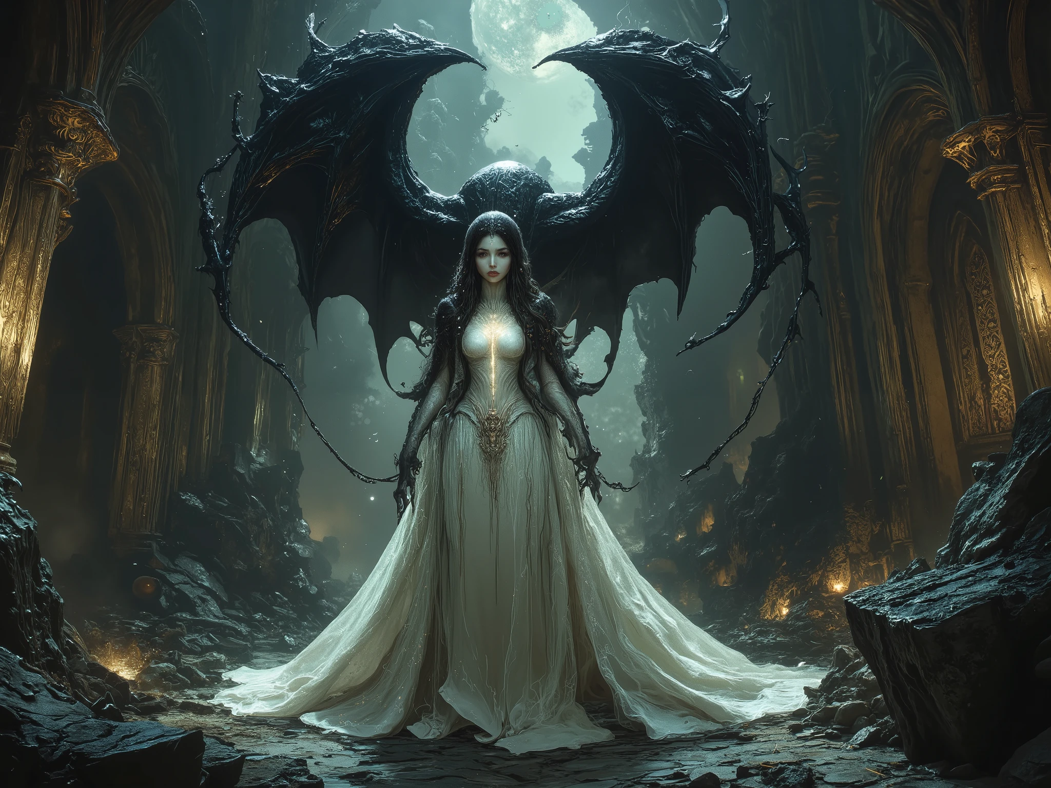 The silvermist ghost of a beautiful girl and the black bone dragon protecting her at night in the ruins of a church