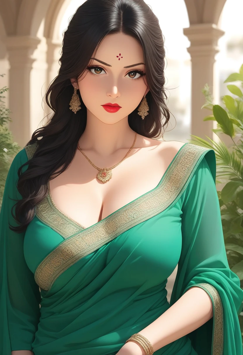 By john singer Sargent,Beautiful Indian women, wearing sa vibrant intricate detailed saree, embroidery, intricate patterns, rococo, disheveled hair, messy hair, beautiful hair, high cheek bones, big , huge breast, cleavage, temple, trees, sunrays, Photorealistic, highly detailed, Nikon d850 50mm, by john singer Sargent, dreamy, dreampunk,