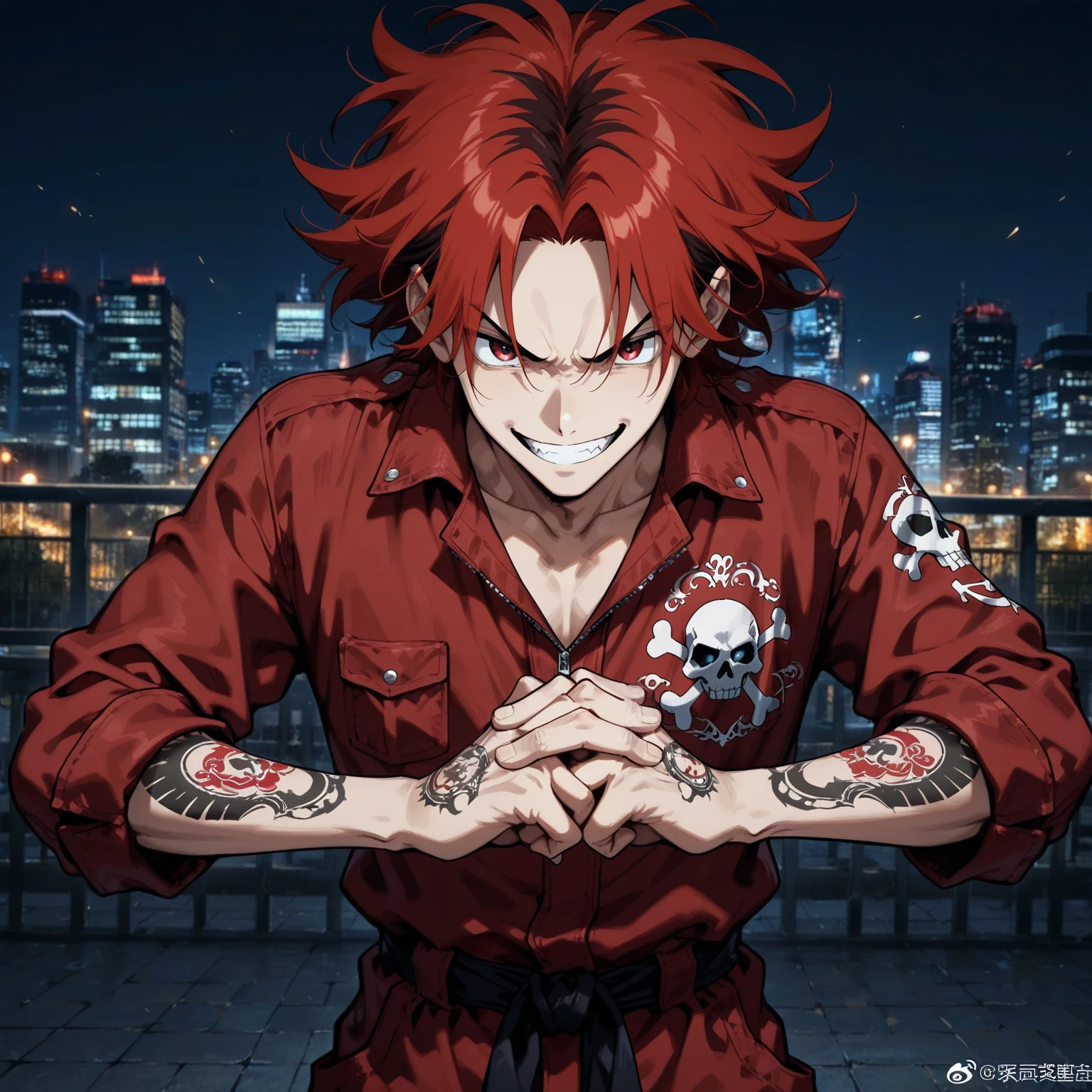 (masterpiece, best quality:1.2), kimetsu no yaiba style, akaza, (1boy, solo:1.1), 20years old, upper body, line tattoo on face and body, (crying, tears), shouting loudly, (looking at viewer, open arms for viewer), oriental old style wooden bridge, fireworks on the night sky