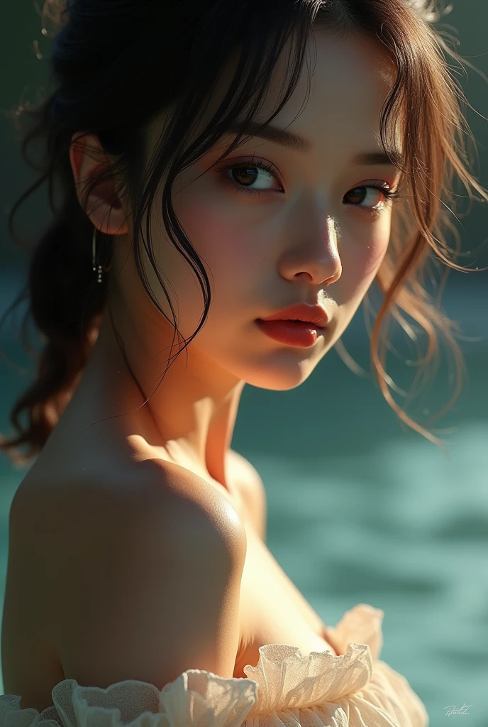 1girl, (looking at viewer:1.2), detail face,  (a girl standing, rending on cgsociety, black shadows, streaming, seaside), romanticism, atmospheric, (RAW photo, best quality), (realistic, photo-realistic:1.3), masterpiece, an extremely delicate and beautiful, extremely detailed,