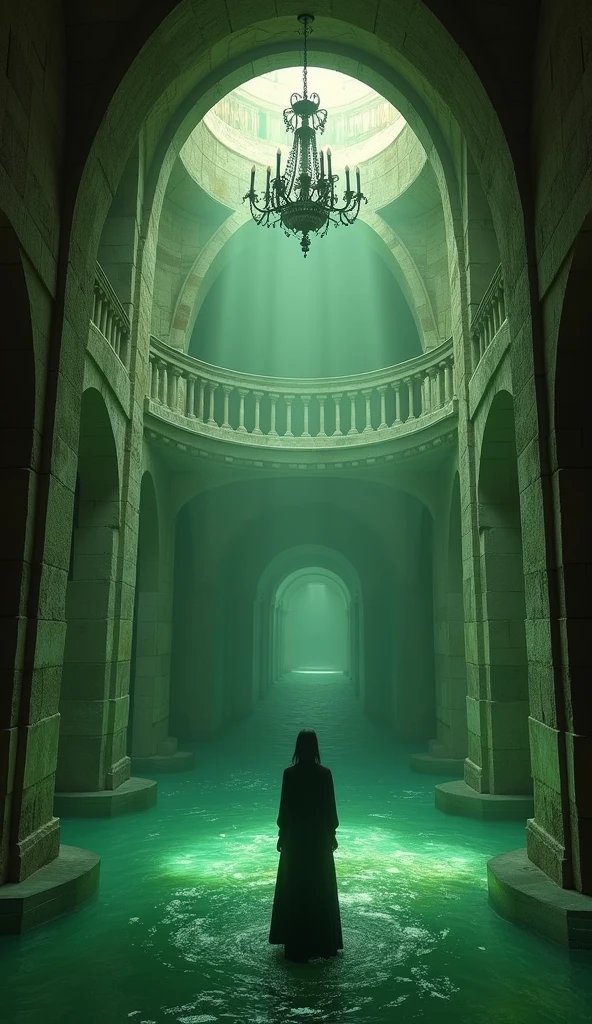 at night, dark, nighttime, interior, intricately detailed, ancient temple, (ruin), a gorgeous woman swims in a large pool of iridescent water, dusty, deserted, ancient, crumbling pillars, poorly lit, dynamic lighting, dark