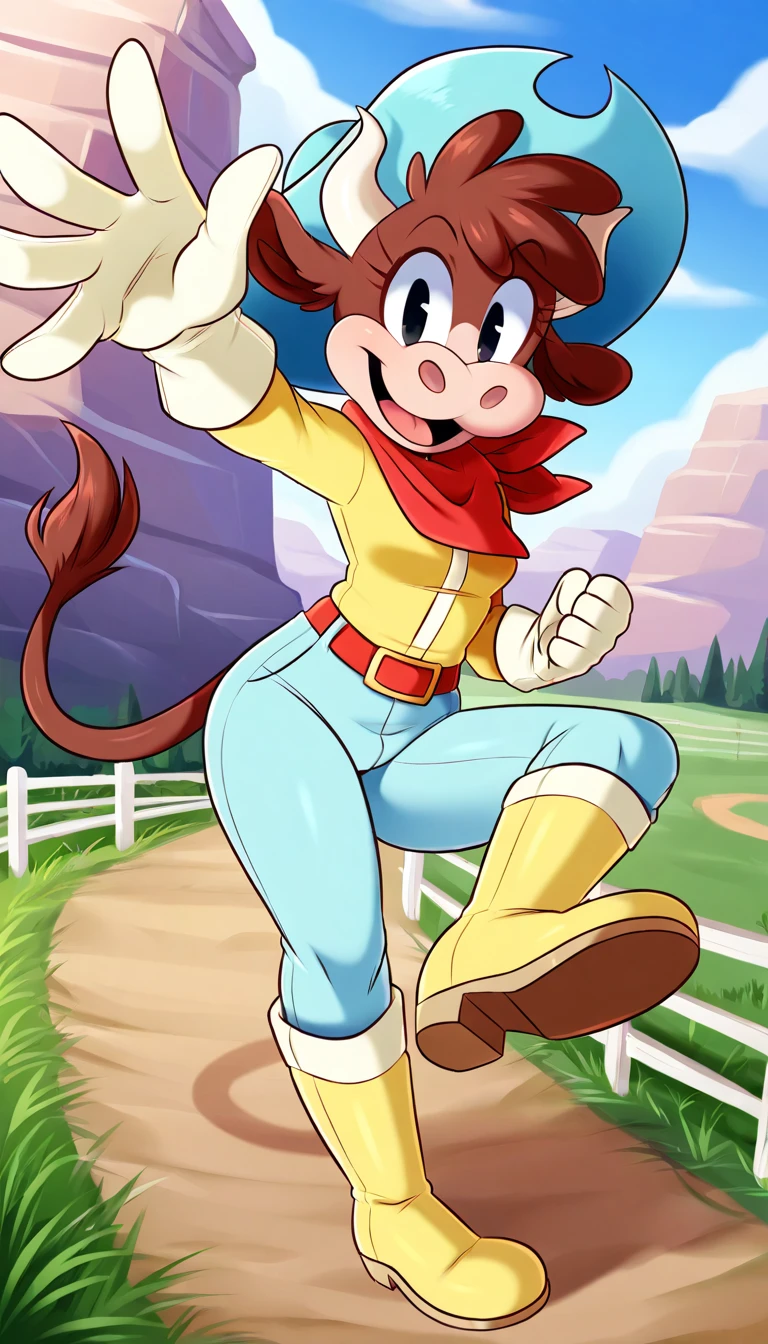 furry, esther_winchester, esther_cowgirl, cow girl, female focus, furry female, solo, hat, tail, gloves, belt, open mouth, horns, scarf, full body, animal ears, boots, black eyes, pants, farm background, dynamic pose, foreshortening, extreme perspective, highly detailed, high resolution, detailed background, detailed clothing, perfect composition, masterpiece, no human, good 