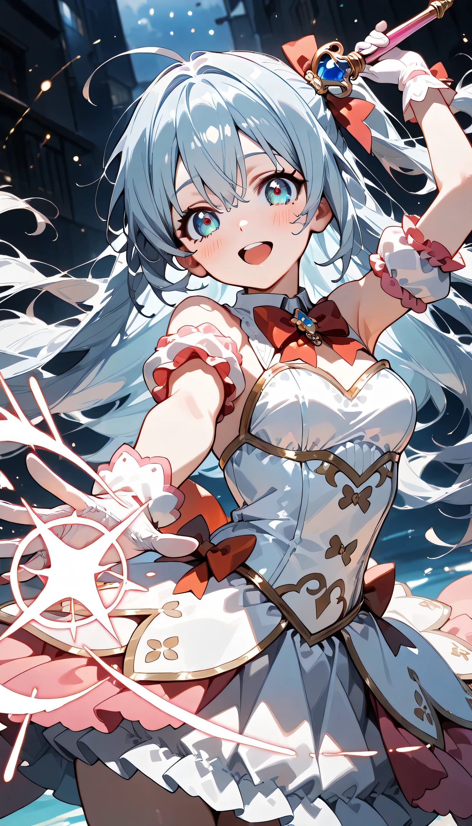 ((ultra-detailed)), (highly detailed CG illustration), (best quality:1.2), ultra-highly detailed, colorful composition, artistic photoshoot, solo focus, (upper body), moe anime character, girl, dainty facial structure, babyface, round face, rounded chin, ideal ratio body proportions, celia-default, celia claire, blue eyes, sparkle eyes, long silver hair, half updo, ample breasts, magical girl hairstyle, hair ribbon with pink, smile, open mouth, pink magical girl fashionable dress, pink accent with white gloves, decorated kawaii bow skirt, one hand holds decorated single magic short wand, magic light trail on wield wand, cowboy_shot,dynamic_angle, dynamic_pose, night background, abstract background, (glowing aura), (fighting in fantasy), expecting, pink cheek, pink gloss slip, portrait, depth of field, lighting, sidelighting, (shine), lighting, caustics, ray tracing, lustrous skin, highly detailed face, highly detailed eyes, perfect nose, perfect anatomy, beautiful hair, beautiful small face, beautiful detailed eyes, beautiful clavicle, beautiful body, beautiful breasts, leavage, breasts squeezed together, beautiful thin thighs, beautiful legs, beautiful fingers, lovely, (very detailed background:1.0), (highly detailed background:1.0), intricate details, chromatic aberration