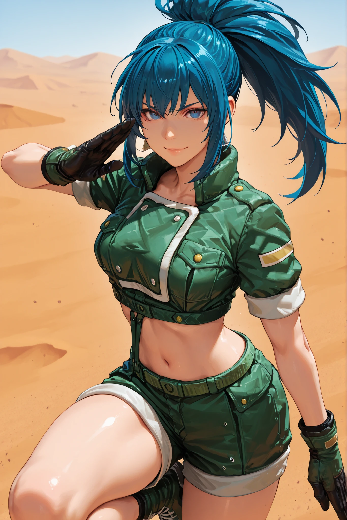 1 girl, leona heidern, blue eyes, blue hair, ponytail, gloves, jacket, crop top, shorts, green jacket, green shorts, standing, in the desert, rocks, looking at viewer, smile, attractive, pretty, sexy, leg raised, kicking viewer, best quality, masterpiece
