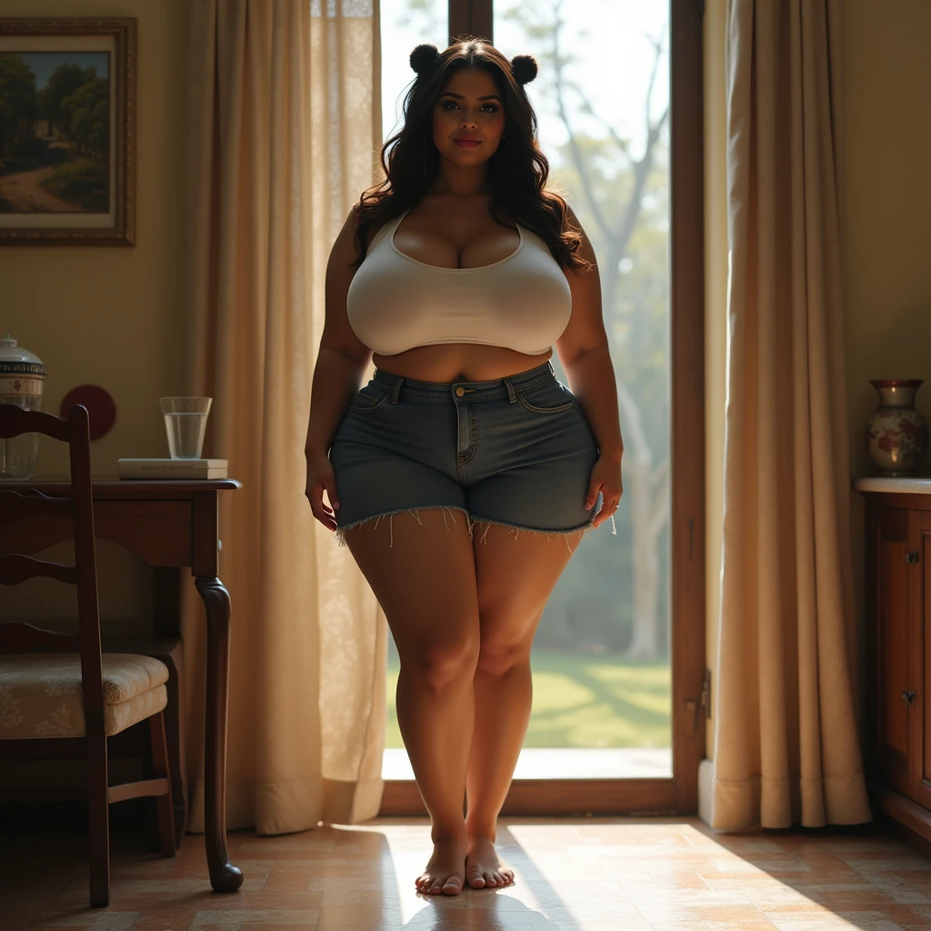 (best quality,ultra-detalhado),sexy woman with big breasts and athletic body walking in a well-lit house, red lighting, cabelo afro amarelo e azul