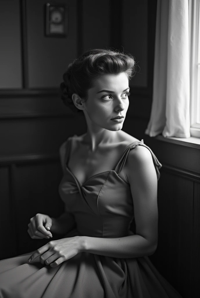 highres, nostalgic portrait, vintage film style, soft lighting, faded colors, grainy texture, freckles, natural beauty, curious expression, wavy hair, dreamy atmosphere, shallow depth of field, candid moment, classic black and white, 1960s fashion, retro charm, youthful innocence, film noir aesthetic.