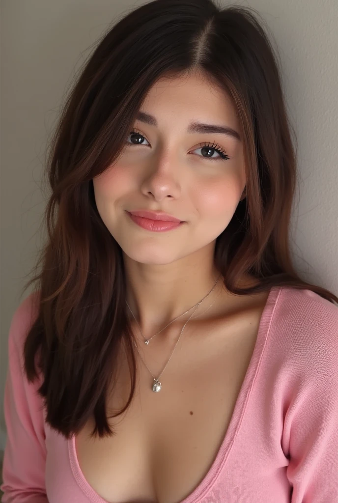 ((best quality)), ((masterpiece)), (detailed), 1girl, off-shoulder sweater, a close up of a woman wearing a pink scarf and a pink scarf, faridah malik, friedly smile, close up potrait, with accurate face, comming, sie boob, picture, 30 years old woman, 3 0 years old woman, potrait, leaked photo, , zenra taliyah, hijab, old picture, lovely smile, no bra, big