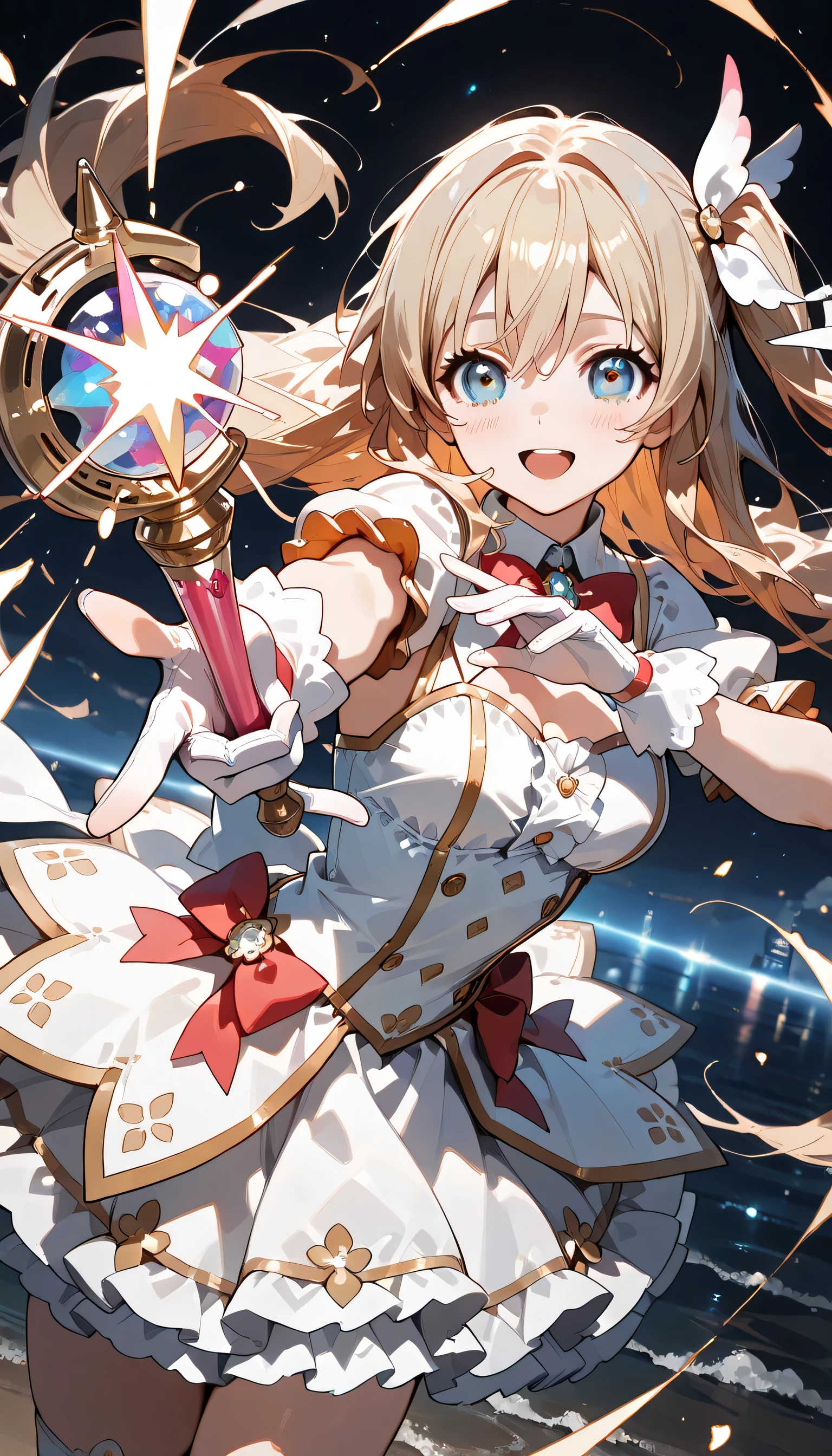 ((ultra-detailed)), (highly detailed CG illustration), (best quality:1.2), ultra-highly detailed, colorful composition, artistic photoshoot, solo focus, (upper body), moe anime character, girl, dainty facial structure, babyface, round face, rounded chin, ideal ratio body proportions, celia-default, celia claire, blue eyes, sparkle eyes, long silver hair, half updo, ample breasts, magical girl hairstyle, hair ribbon with pink, smile, open mouth, pink magical girl fashionable dress, pink accent with white gloves, decorated kawaii bow skirt, one hand holds decorated single magic short wand, magic light trail on wield wand, cowboy_shot,dynamic_angle, dynamic_pose, night background, abstract background, (glowing aura), (fighting in fantasy), expecting, pink cheek, pink gloss slip, portrait, depth of field, lighting, sidelighting, (shine), lighting, caustics, ray tracing, lustrous skin, highly detailed face, highly detailed eyes, perfect nose, perfect anatomy, beautiful hair, beautiful small face, beautiful detailed eyes, beautiful clavicle, beautiful body, beautiful breasts, leavage, breasts squeezed together, beautiful thin thighs, beautiful legs, beautiful fingers, lovely, (very detailed background:1.0), (highly detailed background:1.0), intricate details, chromatic aberration