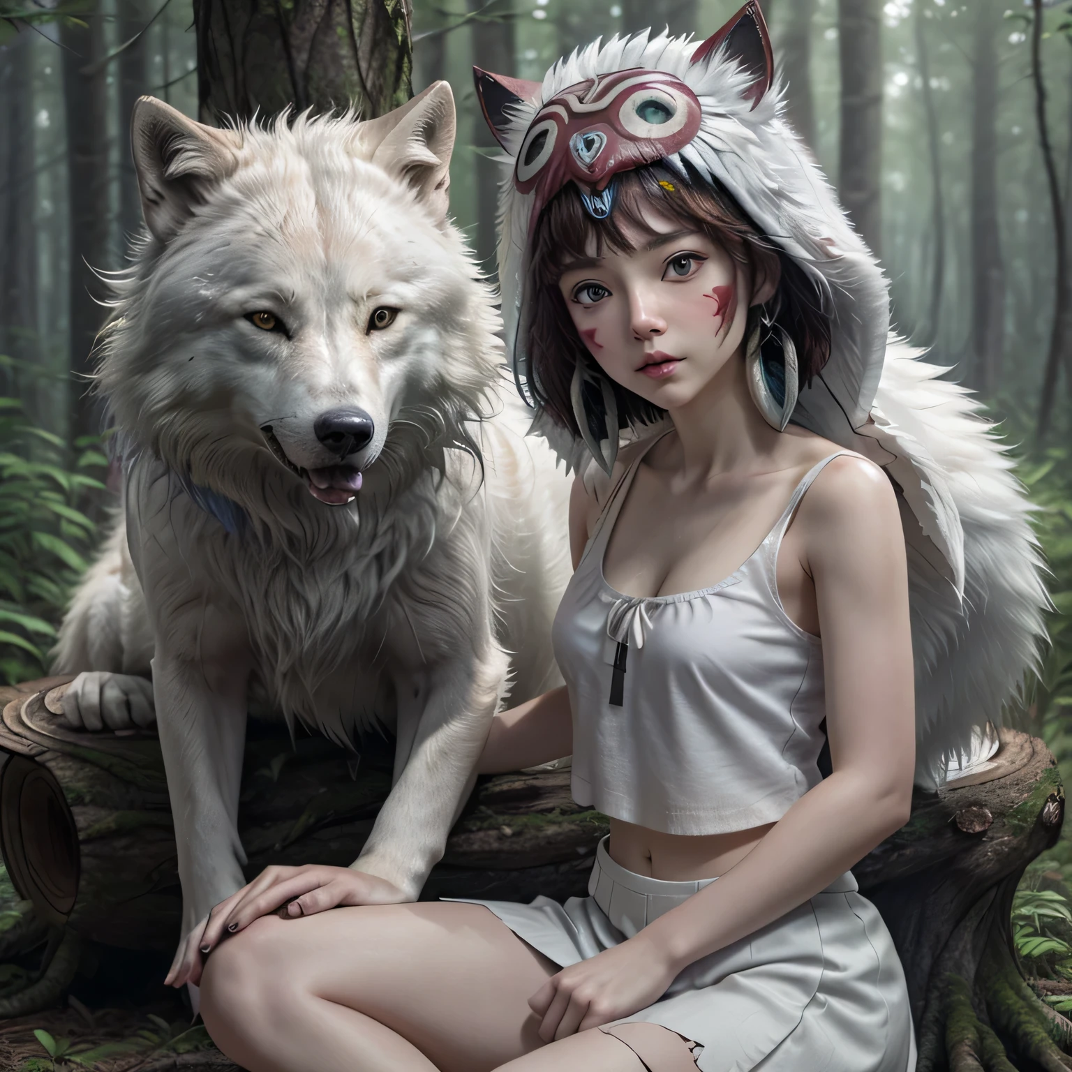 (Masterpiece), best quality, 8k wallpaper, Super detailed, young beautiful girl,, highest quality, 1girl, dark short hair with bangs, beautiful face, (13-years-old), wearing a thin white skirt, a torn white crop top (underboop showing naked breasts underneath), and wolf mask on her head (princess mononoke style), she is sitting on a tree stump in the forest, with a large white wolf lying next to her, studio ghibli style mononoke,, princess mononoke, photorealistic style, short stature, perfect proportions, model is seen from a distance, thin thights, narrow hips,