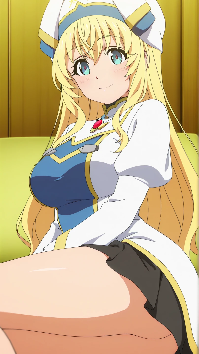 (anime art style), masterpiece, best quality, very aesthetic, absurdres, minamifuyuki, ((1girl)), blonde hair, long hair, sidelocks, ahoge, blue eyes, big breasts, scarf, red scarf, cleavage, bra, brown boots, fluffy boots, grey miniskirt, pleated skirt, bare arms, stomach, smile, ((feet out frame)), (from front), (snowy), (sitting), (spread legs), (pink thong), (looking at viewer:1.0)
