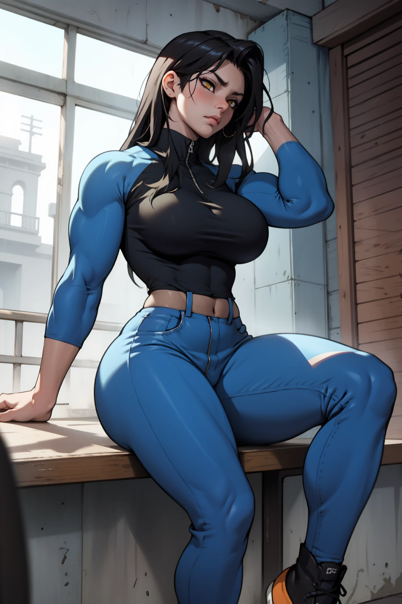Huge breasts, corset, abs, tight blue pants, thick tgighs, lying down in bed, spread legs, exposed vagina, muscular vagina, cum leaking from vagina, pleasured face,