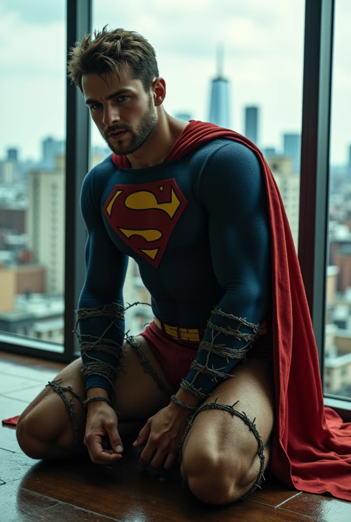 best quality, ultra high res, photo,realistic, detailed background,mature male,young body,(red thong:1.4),(superman blue cotton union suit:1.3),nipple,black hair,age 20,perfect face, super handsome face, perfect face, clean face,(torn clothes:1.3),black hair,(red superman leather boots:1.1),(expression of pain:1.3),body hair,(cum dripping out of:1.1),yellow belt,pot,belly,bulge,from above,(Unconscious lying:1.5),spreading legs,cum in ass,ejaculating,,red cloak,pectorals grab