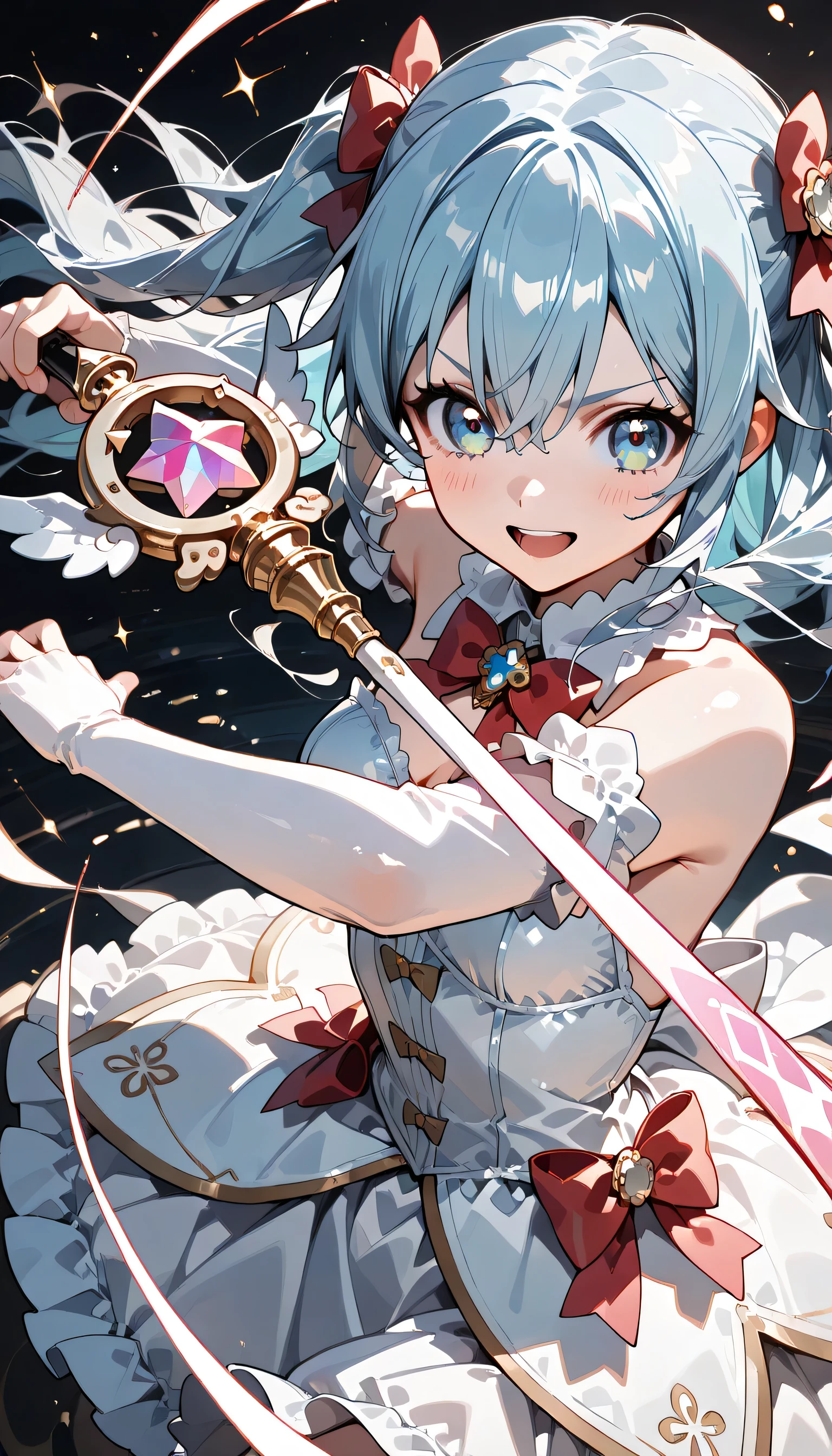((ultra-detailed)), (highly detailed CG illustration), (best quality:1.2), ultra-highly detailed, colorful composition, artistic photoshoot, solo focus, (upper body), moe anime character, girl, dainty facial structure, babyface, round face, rounded chin, ideal ratio body proportions, celia-default, celia claire, blue eyes, sparkle eyes, long silver hair, half updo, ample breasts, magical girl hairstyle, hair ribbon with pink, smile, open mouth, pink magical girl fashionable dress, pink accent with white gloves, decorated kawaii bow skirt, one hand holds decorated single magic short wand, magic light trail on wield wand, cowboy_shot,dynamic_angle, dynamic_pose, night background, abstract background, (glowing aura), (fighting in fantasy), expecting, pink cheek, pink gloss slip, portrait, depth of field, lighting, sidelighting, (shine), lighting, caustics, ray tracing, lustrous skin, highly detailed face, highly detailed eyes, perfect nose, perfect anatomy, beautiful hair, beautiful small face, beautiful detailed eyes, beautiful clavicle, beautiful body, beautiful breasts, leavage, breasts squeezed together, beautiful thin thighs, beautiful legs, beautiful fingers, lovely, (very detailed background:1.0), (highly detailed background:1.0), intricate details, chromatic aberration