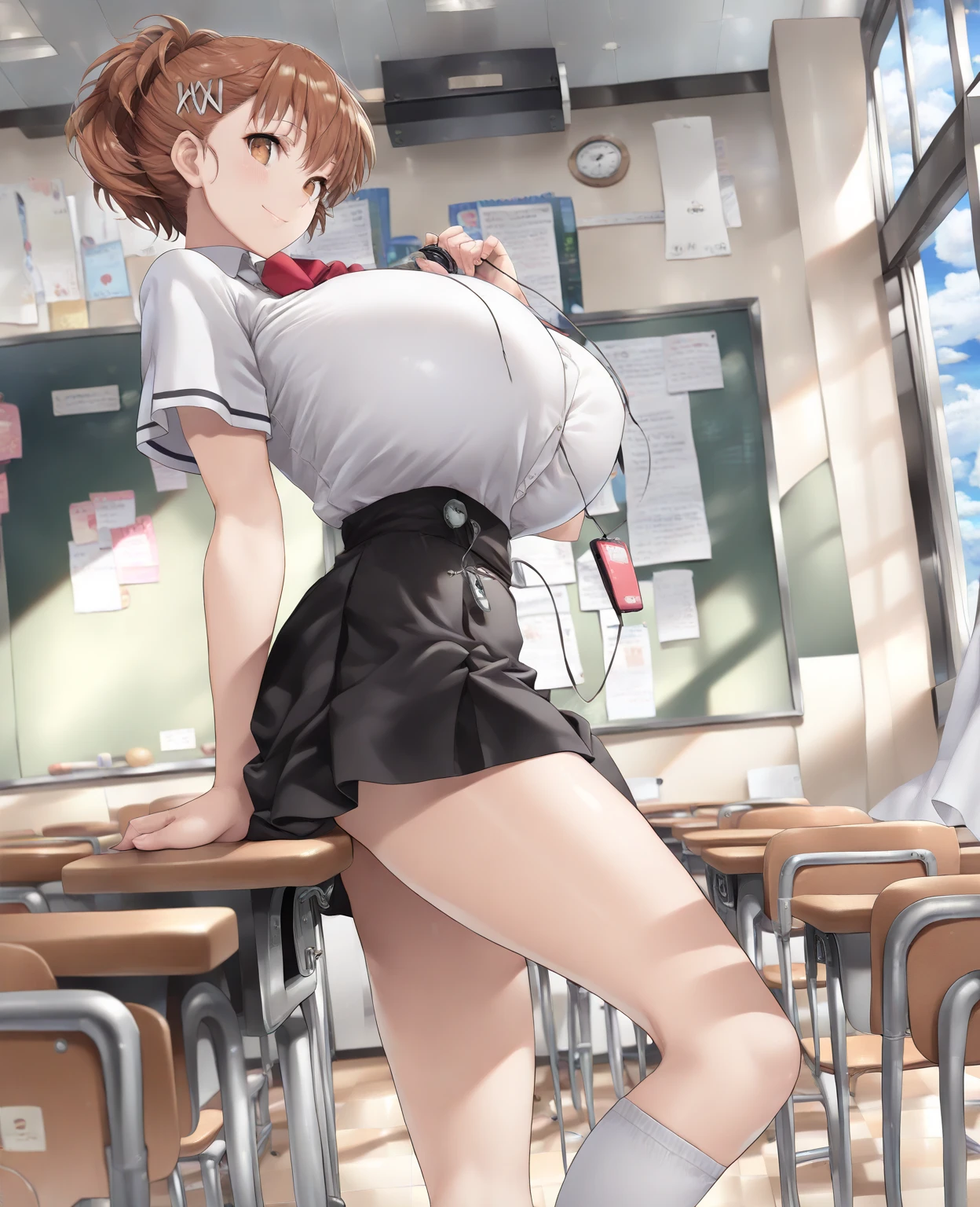 ((blush:1.2)), endure the pain, 1 girl, (alone:1.3), ((raise your arms)), Black rucksack, hairpin, short hair, ((White school uniform)), red bow tie, huge breasts, Naughty big breasts, ((long slender legs)), ((thin waist)), ((Panty shot)), cowboy shot, thighs, big ass, Red miniskirt, Beautiful woman, pretty face, Close your legs