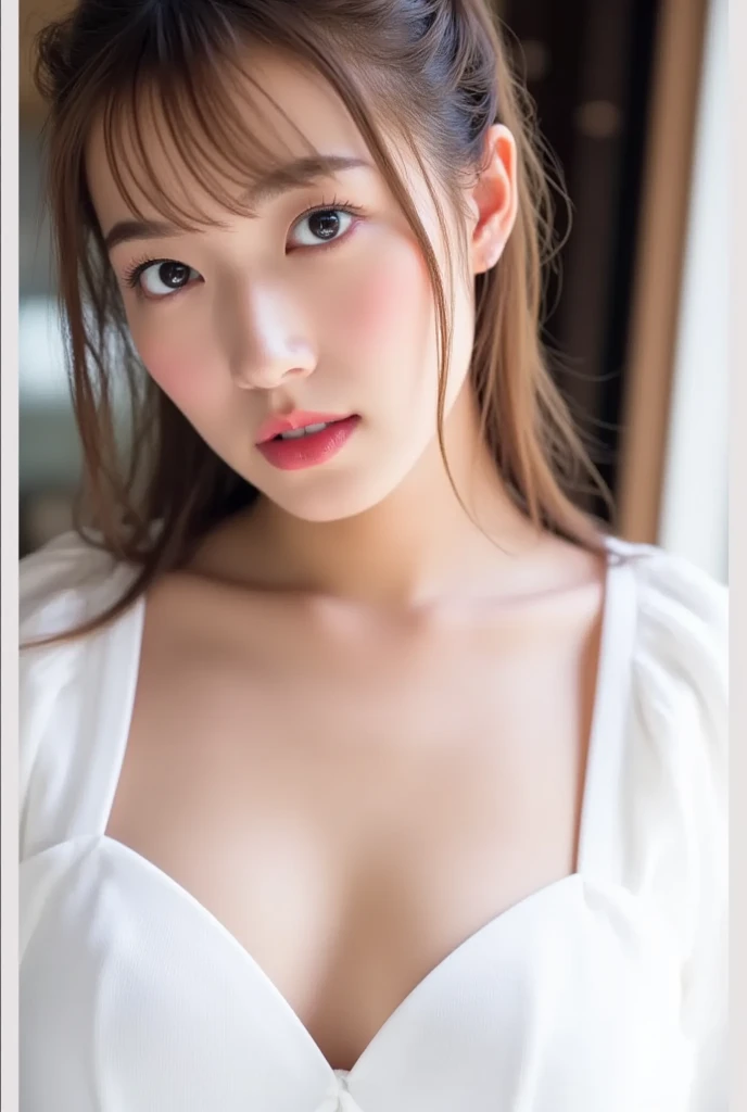 8K、Highest quality、（beautiful）、Precision Eyes、Brown Hair、looking at the camera、Upper Body、Close-up、Larger breasts、smile、Shot from above、Sleeping on your stomach