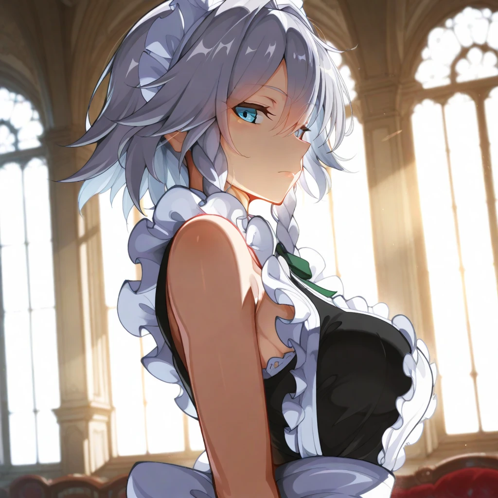 (Masterpiece), Best Quality, ultra-detailed, 1girl (Secelia Dote, naked body, short hair, dark skin, blue eyes, half-closed eyes), smirk, parted lips, solo, maid (black), frill, apron, maid headdress, ultra mini skirt, black lace thighhighs, garter belt, in the livingroom, standing, Sexy waist teasing, come-on, temptation
