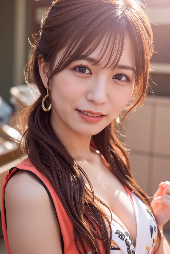 best quality, 1girl, (skindentation), (huge breast:1.2), (blur background:0.6), in a crowded race track, (casual yet stylish, elegant cloth,floral dress:1.5 ), gorgeous, (short hair:1.5), soft lighting, wind, (front light:1.5), laughing, <lora:javMoe_v11:0.8>