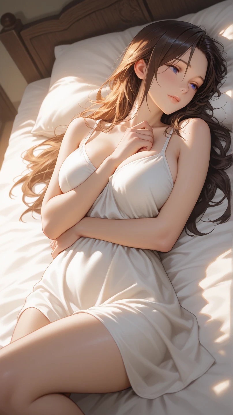 (Best image quality、Highest quality、Highest Resolution、Ultra-realistic photos、Full body photo from above、masterpiece、)A mature woman sleeping in bed with her eyes closed and mouth open、 Highly detailed face, Highly detailed lips, Two flexible arms、2 beautiful legs、 Fine grain, double eyelid, Makeup face. A huge amount of messy, super long brown hair、