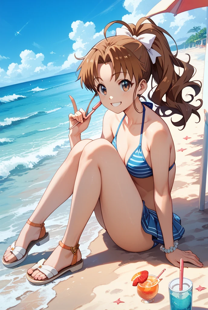 Hanamaru kunikida
in a bikini laying down on her side with her arm for support poseing