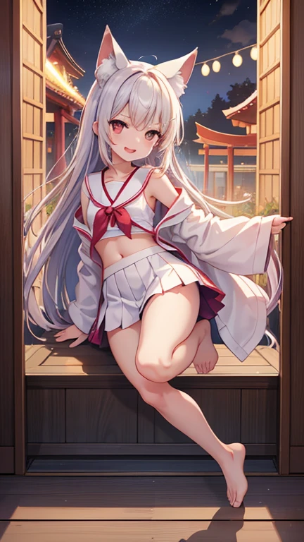 a girl, sexually suggestive, sitting, full color, Long white hair, Red eyes ，Eyeliner, Red, open air, Rose, night, ruins, Butterfly，mine same as the original, mine, , (:1.2) rest, (cheongsam), (view from below), (place one's arms behind one's back), (wild lift), thin dress, Crotch cutout, best quality, high resolution, unified 8k wallpaper, (illustration:0.8), (beautiful and delicate eyes:1.6), extremely detailed face, perfect lighting, Very detailed cg, (perfect hands, perfect anatomy), soles of feet，sitting，blond，red lips，Acting cute，Feet close up，Soon，Complete feet，white，close up, ((Nude)), ((naked)), ((from below:1.3)), ((beautiful feet, toes)), ((fully naked, no clothes)).
