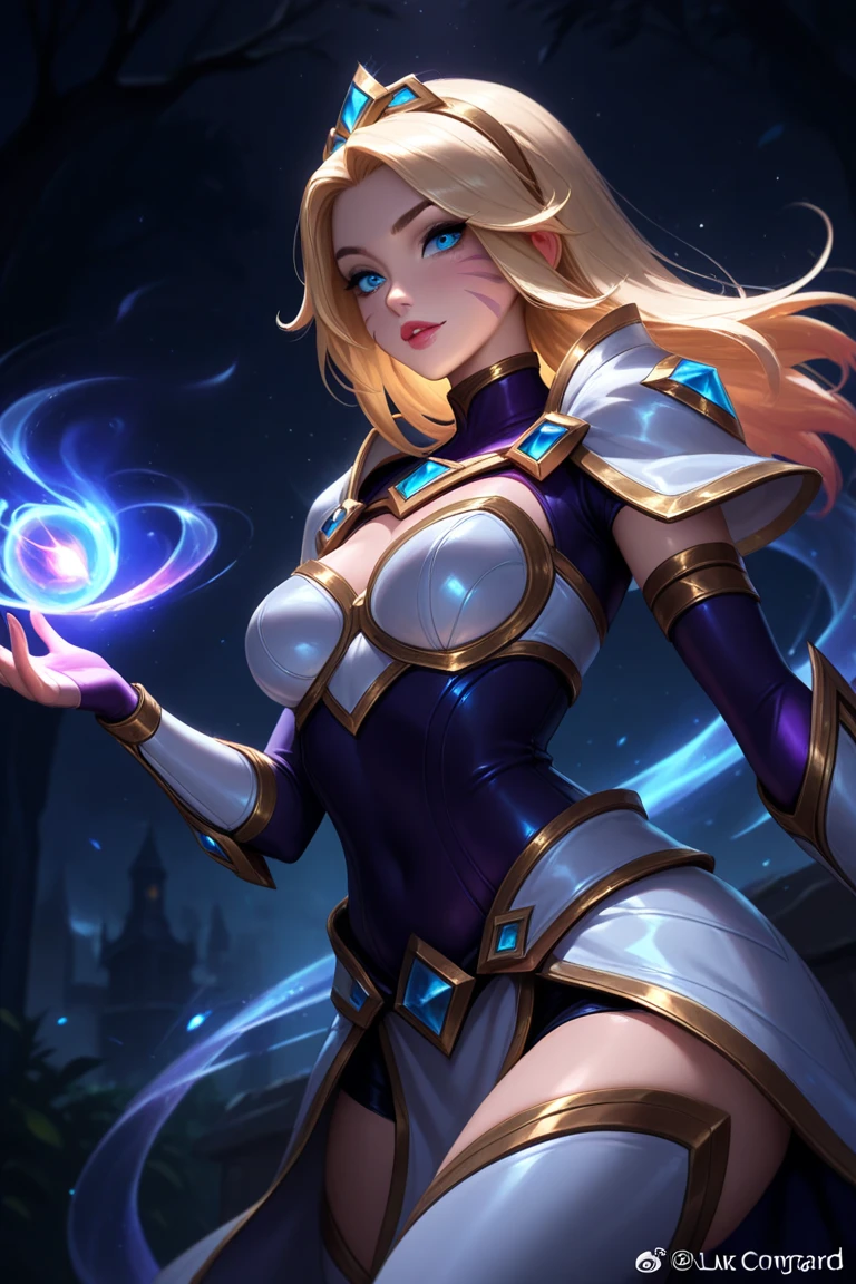 (League of Legends:1.5),Astrid, the Graviton Slinger, is depicted in her splashart as a powerful and enigmatic force, wielding her gravitational manipulation abilities with mastery. The scene takes place in a celestial realm, where stars and cosmic energy illuminate the vastness of space.
Astrid possesses an otherworldly beauty, with flowing silver-white hair that seems to shimmer with the brilliance of distant stars. Her skin has a faint celestial glow, radiating with the power she commands. She wears a sleek, futuristic suit adorned with intricate patterns that resemble constellations and gravitational fields. The suit hugs her figure, emphasizing her strength and agility.
In the center of her palms, Astrid generates orbs of gravitational energy, each pulsating with vibrant hues of purple and blue. These energy orbs form the foundation for her gravitational abilities. Surrounding her, smaller orbs and filaments of energy spin and orbit, representing the gravitational fields she creates and manipulates.
Astrid's eyes emit an intense, piercing gaze, glowing with the same gravitational energy that courses through her. Her expression conveys both focus and determination, revealing her unwavering control over the forces she wields.
The backdrop of the splashart showcases the vast expanse of space, filled with distant galaxies and nebulae. Ethereal strands of gravitational energy weave through the cosmos, forming intricate patterns and connecting celestial bodies. The scene creates a sense of awe and wonder, as Astrid harnesses the fundamental forces of the universe.
The color palette is dominated by deep purples, blues, and blacks, reflecting the cosmic nature of Astrid's powers. The vibrant energy orbs stand out against the dark backdrop, adding a dynamic and captivating element to the splashart, splashart, linhas de corpo, cores vibrantes, detalhes requintados, cinemactic, artstation, rosto detalhado, por rossdraws, por Kienan Laf,normal hands,holding ball,