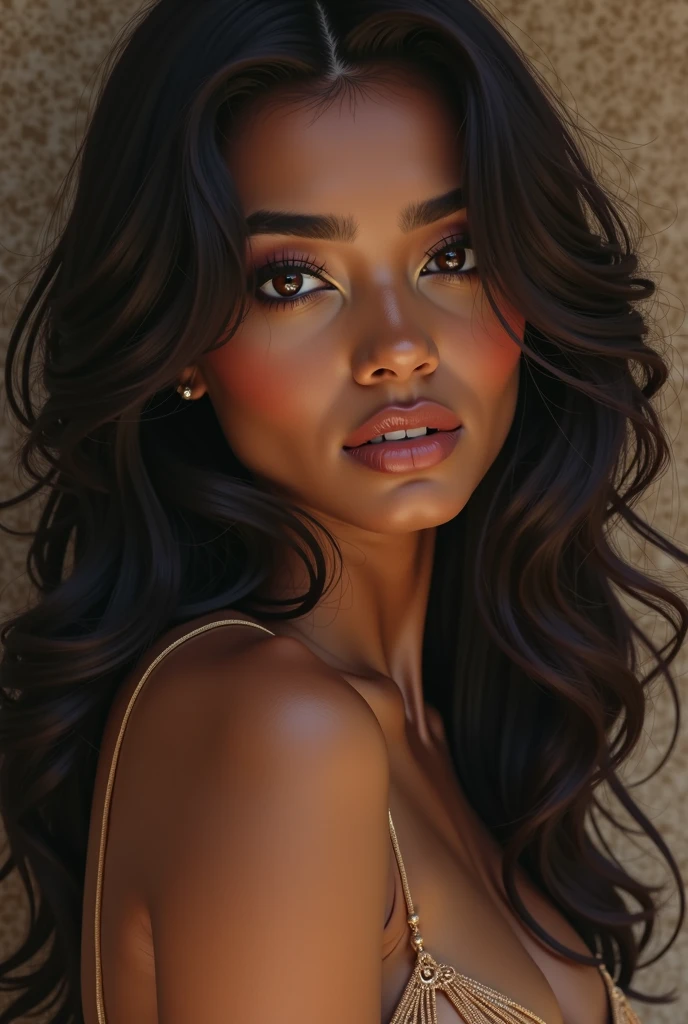 A woman with dark skin, fox mask, cabelos negros cacheados,red dress and brown eyes