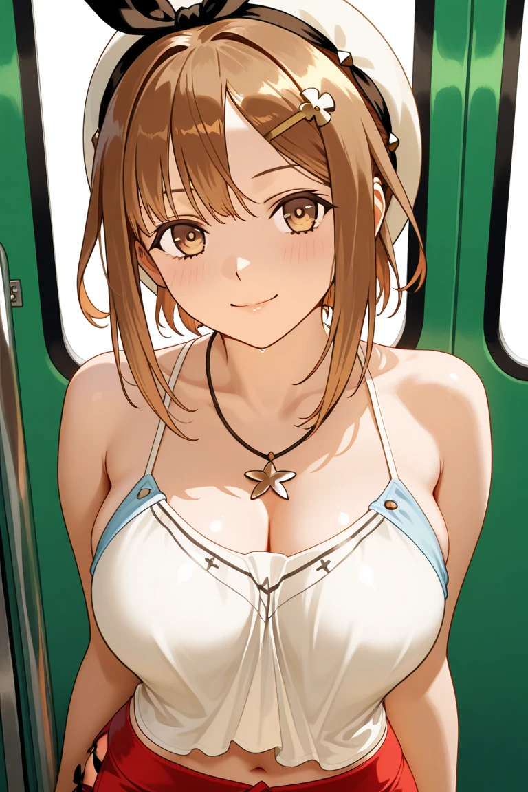 (anime cels style, best quality, high resolution, megami magazine, anime poster style, photorealistic), (beautiful eyes:1.2), kondou_taeko:1.5, Girls und Panzer, 1girl, smile, medium hair, brown hair, brown eyes, (hachimaki:1.2, red ribbon), (huge breast), (red bikini), upper body, (perfect detailed anatomy, beautiful face, perfect body, perfect arms, shiny skin), sunshine, bluesky
