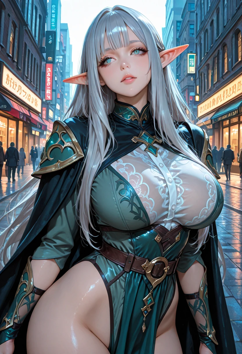 age30,milf,mature,elf,woman,blonde,tall,SFW busty,voluptuous,SFW huge breasts,curvy,intricate detailed long dress,mint green eyes