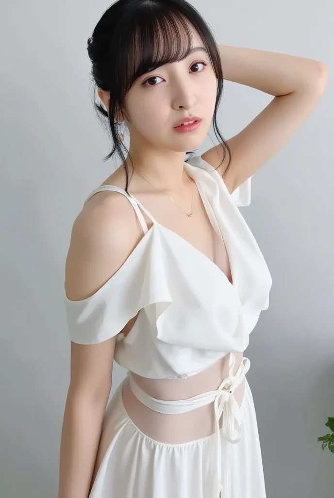 (Girl standing in a spacious bathroom)、(Rear view),(look back),Beauty、One personの少女、One person、Long Hair、Viewer、smile、(目をclose)、hair ornaments、gem、Grey Hair、口をclose、Bangs、bracelet、lips、Gray Eyes、Portrait、Red nails、close、赤いlips、Put your hands on your face、Place your hand on your cheek、(Shiny Skin)、(Wet lace off-the-shoulder white dress),((White panties are visible))、((She's wet)),