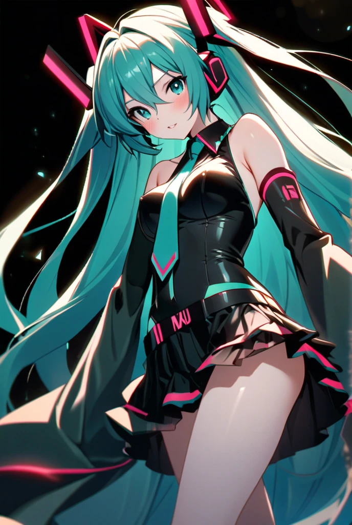 Let's start with a base illustration of a young female character. Adjust hair color to Hatsune Miku's iconic turquoise blue. Styling hair very long, Reach below the waist, With twin tails. Twin tails are evenly balanced、Make sure the top is wrapped properly. Gives hair a shiny look and slightly voluminous texture. Big and young々Creates a cute expression, Expressive eyes. Eye color should be a bright blue shade. Give her a characteristic slim and petite body frame. Remove the distinctive outfit consisting of a sleeveless top, tie, and pleated skirts. Include teal and black shades in the color scheme. Include signature accessories such as futuristic headsets, microphone, Removable sleeve. Optionally, Add knee-high boots or thigh-high socks in matching tones. Provide a backdrop that complements aesthetics, Futuristic cityscape, concert stage with colorful lights, etc.. Due to the complexity of the instructions、Be careful, It can be difficult for AI to accurately generate images based on the exact specifications provided. Draw in sketch style, Similar to Idea Sketch. Drawings that look like they were drawn with a pencil. Messily drawn drawings. Hesitantly drawn picture.