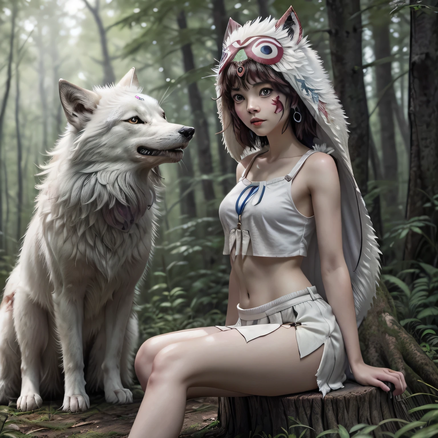 (Masterpiece), best quality, 8k wallpaper, Super detailed, young beautiful girl,, highest quality, 1girl, dark short hair with bangs, beautiful face, (13-years-old), wearing a thin white skirt, a torn white crop top (underboop showing naked breasts underneath), and wolf mask on her head (princess mononoke style), she is sitting on a tree stump in the forest, with a large white wolf lying next to her, studio ghibli style mononoke,, princess mononoke, photorealistic style, short stature, perfect proportions, model is seen from a distance, thin thights, narrow hips,