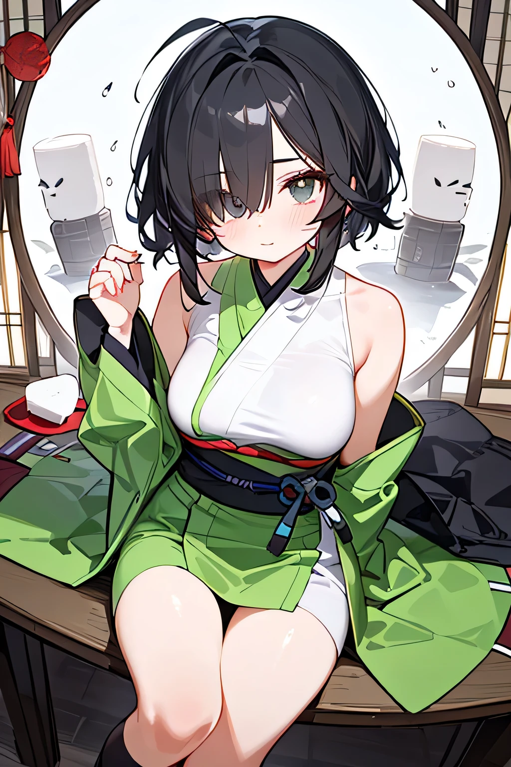 NINJA WIND,((Hair covering one eye)),Mysterious Vibes, natural body,(Long-sleeved kimono+sleeveless=green ninja costume,), socks,detailed clothes,(slender figure,marshmallow breasts ,),beautiful black hair,well-groomed face,clear skin,Fair skin,Japanese face,