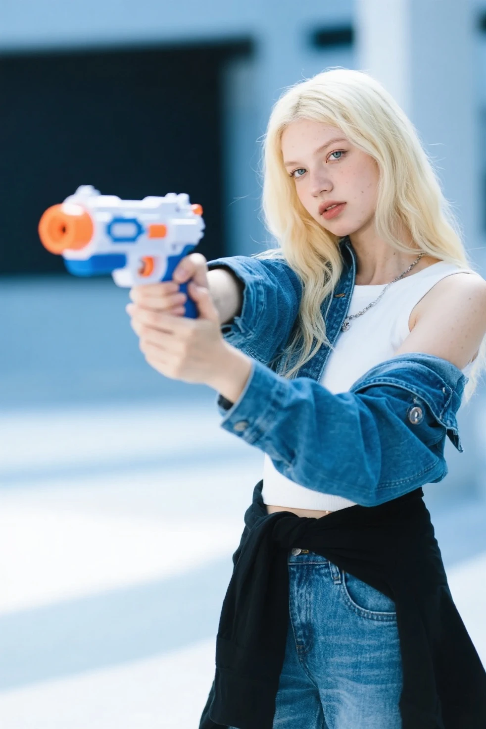 Ein junges, naughty girl, with long blonde braids, wears a unicorn hooded costume and holds a flamethrower in his hands.