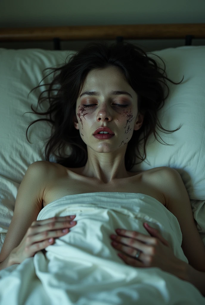 Women, Brown hair, green eyes, lying on the floor, beaten, wounds en la cara, purple eyes, blood, cara pain, pain, room with a lot of papers and things on the floor, disorder, pain, wounds, blood, , ultra realistic, realistic photo, HD, 4k, Photorealism
