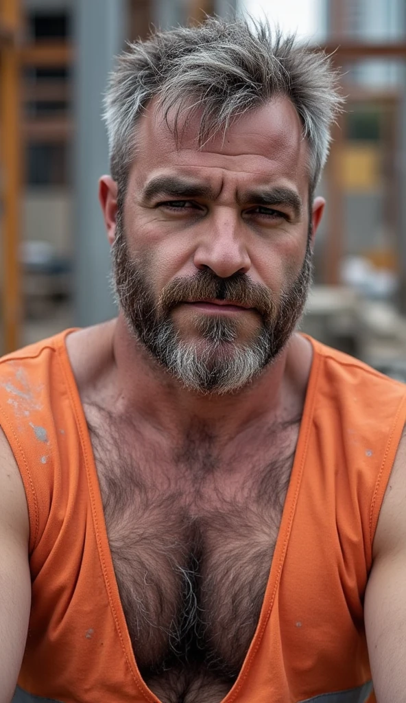 An intense cimenatic scene, featuring a bald Russian angry 50yo rugged and gritty real-life setting, with an adult man (rugged, dadbod, chub, hairy)) in dirty tighty whities, standing in low-key lighting. The atmosphere is dark and grungy, at the couch.