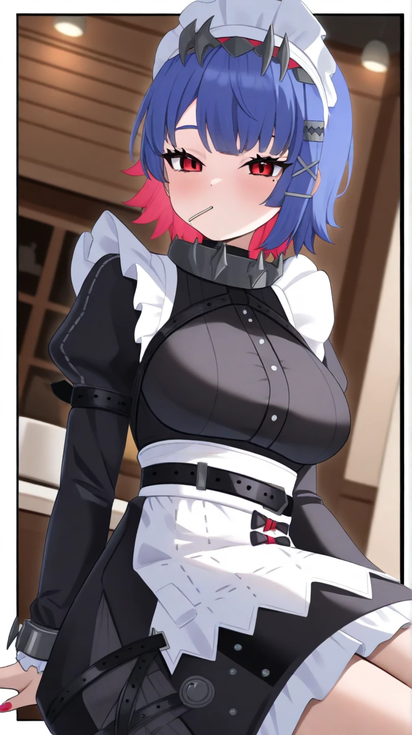 1girl,((black hair))
BREAK ((ellen joe, black hair, colored inner hair, multicolored hair, (red eyes:1.3), red hair, short hair, two-tone hair:1))
BREAK ((apron, black pantyhose, black shirt, black skirt, ear piercing, fins, fish tail, maid, maid apron, maid headdress, pantyhose, piercing, puffy short sleeves, puffy sleeves, shark girl, shark tail, shirt, short sleeves, skirt, tail, two-tone hair, wrist cuffs,,:1.4))
BREAK indoors,
BREAK looking at viewer, 
BREAK (masterpiece:1.2), best quality, high resolution, unity 8k wallpaper, (illustration:0.8), (beautiful detailed eyes:1.6), extremely detailed face, perfect lighting, extremely detailed CG, (perfect hands, perfect anatomy),