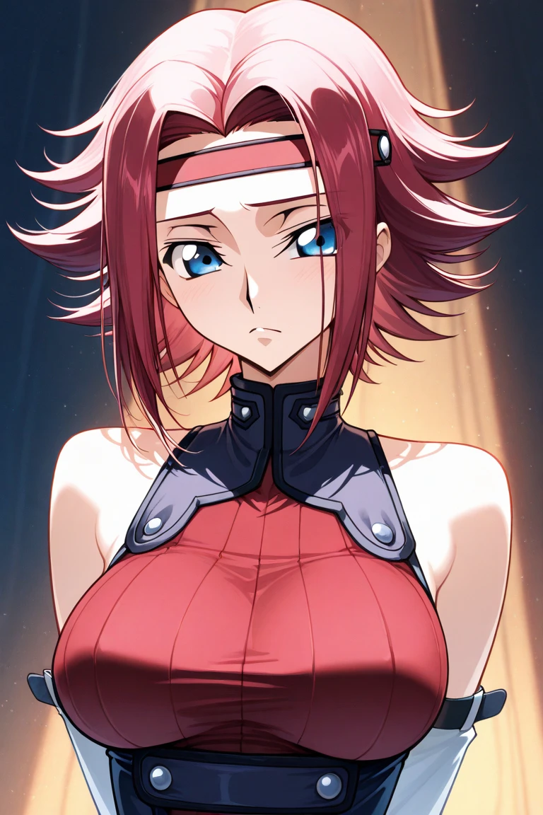 Kallen, 1girl,solo,breasts,short hair,blue eyes,large breasts,simple background,shirt,bare shoulders,medium breasts,closed mouth,upper body,red hair,detached sleeves,sleeveless,armpits,grey background,arm up,v-shaped eyebrows,headband,turtleneck,looking away,hand in own hair,flipped hair,sleeveless turtleneck <lora:Kallen:0.7>