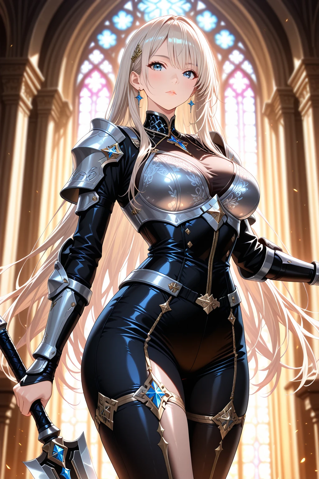 woman, With the hilt of the sword, Silver Holy Knight, armor dress, fantasy,big breasts,With a shield,blonde