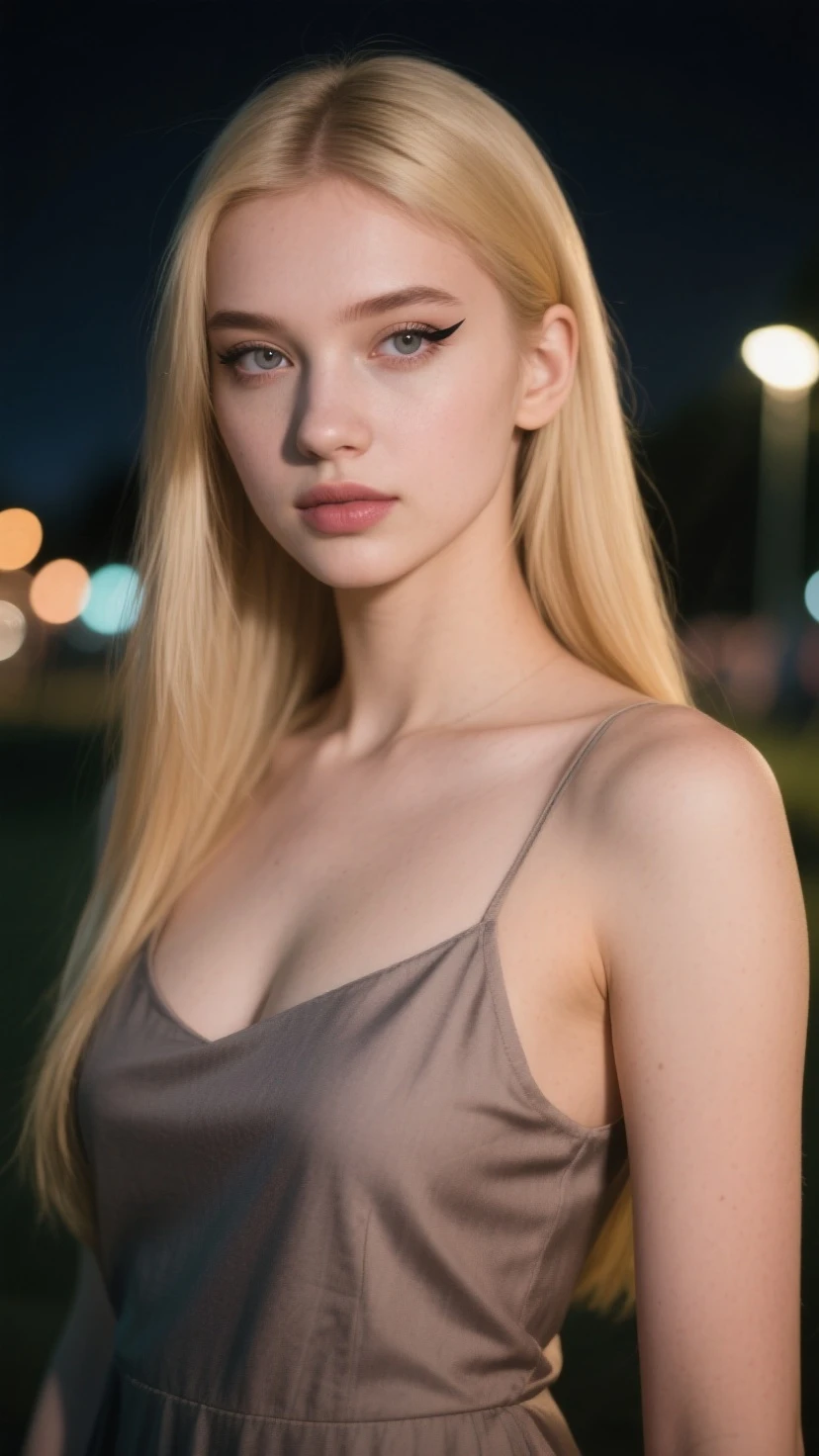 (1 beautiful young Russian girl), (bright blue eyes), (natural blonde hair), slender, (medium breasts), (wearing only a black strapless dress), (perky), standing pose on an empty alleyway in Moscow, night time, (professional photography), (Professional Lighting), (half body portrait)