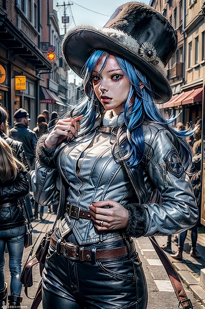 cinematic photo Crayons artwork of a electric color city street, Alluring thin Female, Pirate, wearing Tiny Circuitry Wimple, Cel shaded, Depth of field 270mm, unreal engine, (art by Tom Chambers:0.8) . 35mm photograph, film, bokeh, professional, 4k, highly detailed