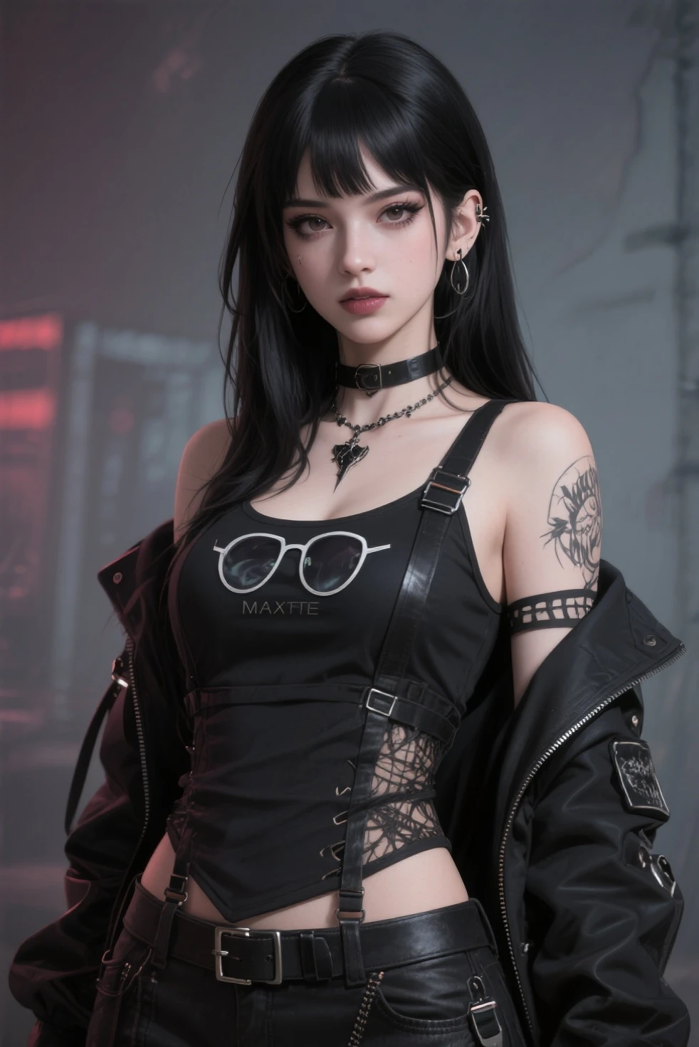 (best quality, masterpiece: 1.3), Elizabeth bathore, (emo girl, piercing: 1.3), fish net, latex shorts, sitting, tattoo, long hair, night, street,