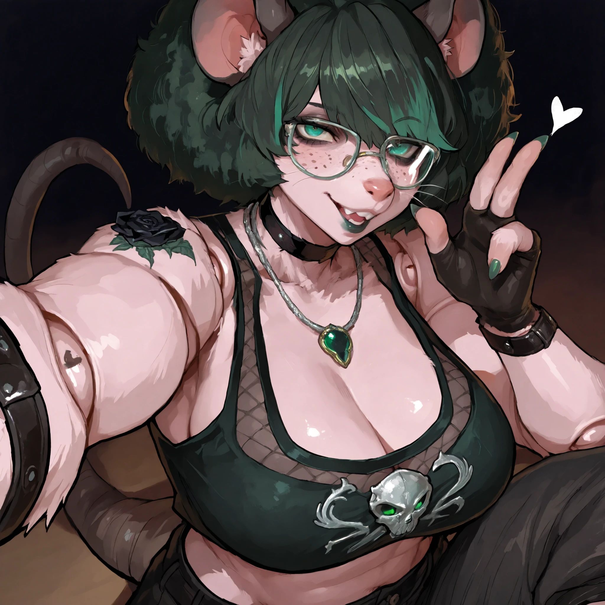 (Tall Mature Voluptuous Female furry rat), (black big curly afro with green highlights), (Green streaks in hair), (green eyes), (glowing iris), (black choker), (black leather bracelets), (Black Rose Tattoo on right shoulder), (Silver necklace with a green jade skull trinket), (fingernails), (green nail polish), (Long curvy fit legs), (freckles on face), (freckles on shoulder), (Dark Grey lipstick), (rat ears), (black ears, pink inside), (chipped right ear), (rat buck teeth), (white sclera), (rat nose), (rat tail), (anatomically correct rat whiskers), (goth makeup), (plump kissable cupid lips), (half open tired eyes), (glasses),(Flat chested), 8k quality, highly detailed, Persona Art Style, perfect detailed face, Fit upper body, Fit muscular arms, detailed muscles, Tomboy muscle build, detailed eyes, perfect detailed hands, accurate detailed doll joints, detailed thigh doll joints, detailed doll joints, detailed doll neck joint, detailed lips, 80's comics, femboy, cute, 80'sアニメーション、score_9, score_8_up, score_7_up, (One) elegant, Cheeky pose, Focus on face, Top half photo, goth Fishnet almost see through Sheer Crop top with cleavage window, Goth cargo pants, fingerless gloves, Close up view, Close up view on face, Portrait oil Painting style, realistic painting style, cute rat-like facial features, anthropomorphic, anthropomorphic face, sultry Expression, sharp rat claws, fierce eyes, sitting, legs crossed, full furry anthro, mature feminine body type, cream colored fur on body, Rat buck teeth, black smoky background, fur covered skin, black rat ears pink inside, Plush thick thighs, Extremely Enormous Large Breasts, Perfect cleavage, (accurately 36QQ Breasts Size), (36QQ cup size shaped like anime character Meiko Shiraki's), (Mieko Shiraki's Breasts), (Watermelon humongous sized breasts), (rat buck teeth), (rat teeth), showing off breasts, puffing chest out, Taking selfie, blowing kiss at viewer, winking at viewer, realistically detailed, facing viewer