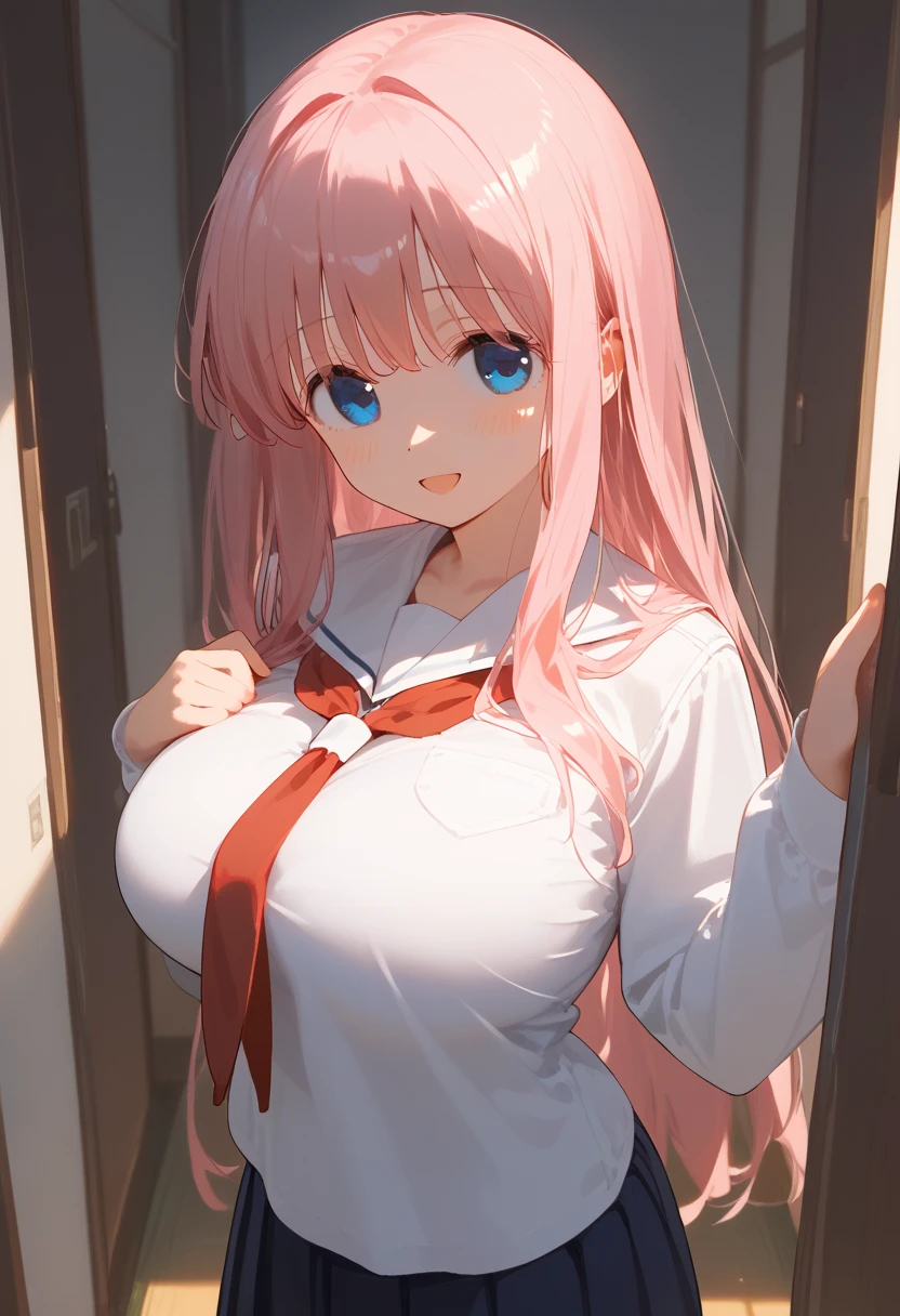chikafujiwara, <lora:chika fujiwara s3-lora-nochekaiser:1>,chika fujiwara, long hair, bangs, blue eyes, bow, pink hair, (hair bow:1.2), blunt bangs, black bow, smile, open mouth,, BREAK <lora:Covered erect nipples 1024Reg-000032:1>, (covered erect nipples:1.5), school uniform,, BREAK looking at viewer, (cowboy shot:1.5),, BREAK indoors, classroom,, BREAK <lyco:GoodHands-beta2:1>, (masterpiece:1.2), best quality, high resolution, unity 8k wallpaper, (illustration:0.8), (beautiful detailed eyes:1.6), extremely detailed face, perfect lighting, extremely detailed CG, (perfect hands, perfect anatomy),