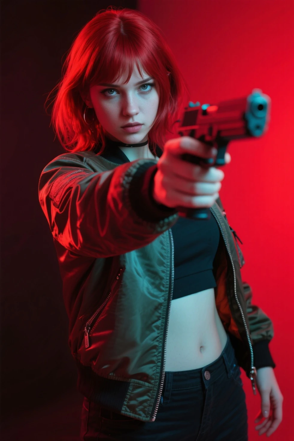 score_9, score_8_up, score_7_up, score_6_up, score_5_up, score_4_up, zPDXL2,source_anime, rating_questionable, 1girl, solo, <lora:Jesse_Faden_-_Control:0.8> j3sse, red hair,black jacket, grey shirt, hand gun, concrete architecture, red lighting, interior