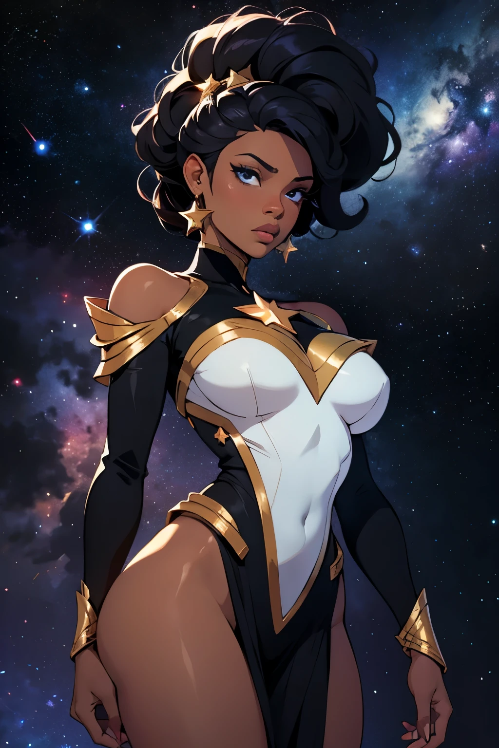 1 black girl like Xena, completely , star eye, with bangs, black long hair, black eyes, engine unreal, side lighting, face detailed, , shining skin, simple background, darkness background, complete body