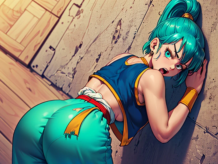 (masterpiece, best quality:1.1), ryouko_(tenchi_muyou!), from behind, 1girl, solo, big hair, blue hair, spiked hair, pointy ears, red earrings, puffy sleeves, pelvic curtain, yellow eyes, large breasts, jacket, long sleeves, choker, red gloves, sash, red pantyhose, retro artstyle, <lora:RTMV1-000010:1>